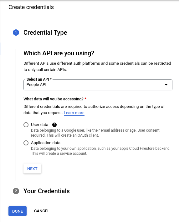 Страница с заголовком "Create credentials". Ниже заголовка отображена форма на этапе Credential Type".