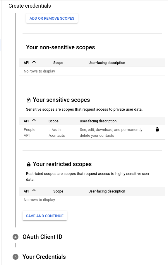 Страница с заголовком "Create credentials". Ниже заголовка отображены разделы "Your non-sensitive scopes", "Your sensitive scopes", "Your restricted scopes". "Your sensitive scopes" содержит scope ".../auth/contacts/"