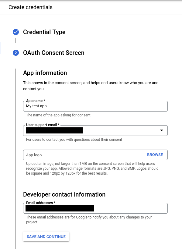 Страница с заголовком "Create credentials". Ниже заголовка отображена форма на этапе "OAuth Consent Screen".