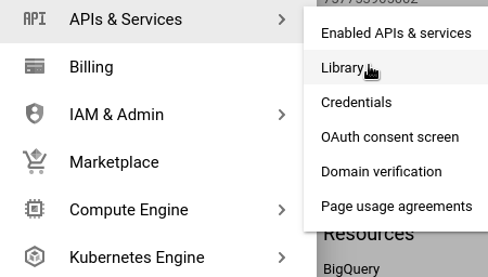 Боковое меню, в котором выбран пункт "APIs & Services" и подпункт "Library".