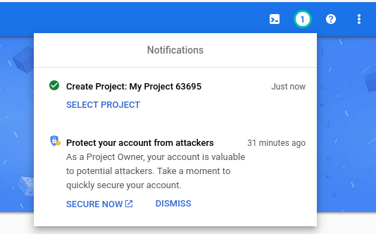 Окно с заголовком Notifications. Отображаются два уведомления. Одно из них - "Create Project: My Project 63695". В нем есть кнопка Select project.