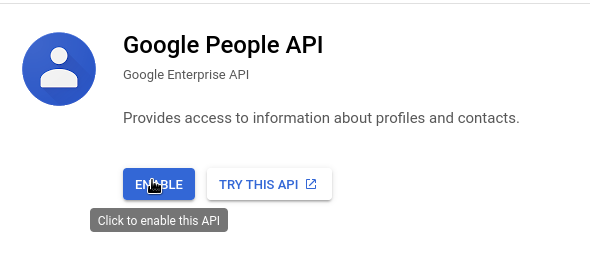 Заголовок "Google People API". Внизу отображаются кнопки "Enable" и "Try this api".